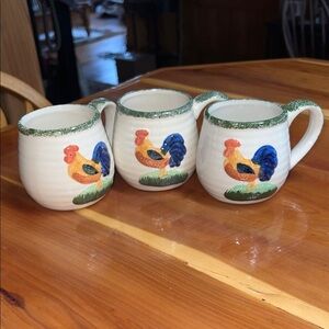 Set of 3 Rooster Ceramic Mugs - White with Rooster and Green Rim Farmhouse